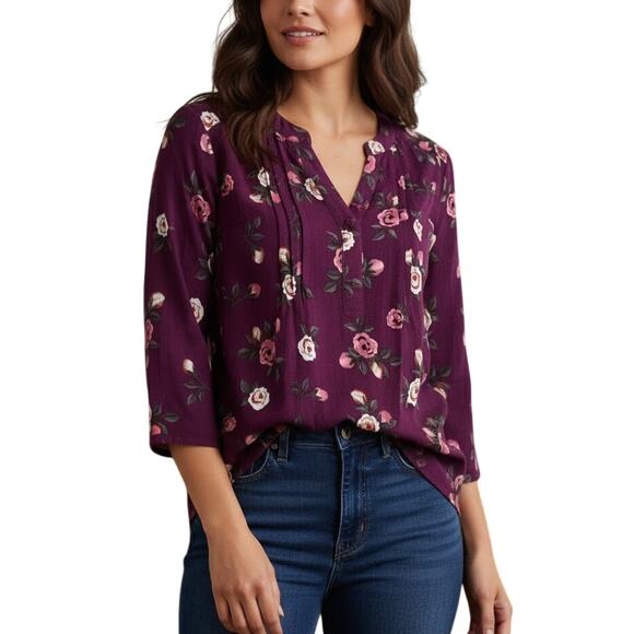 Fun2fun 3/4 Sleeve Split Neck Purple Floral Rayon Top NWOT Size Small - Picture 1 of 8